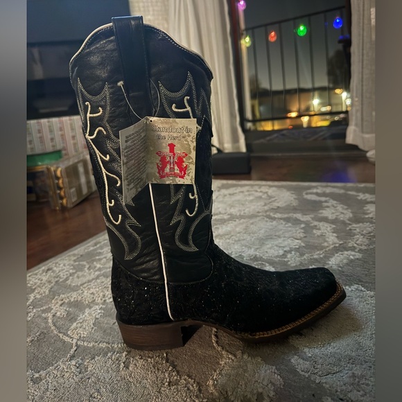TANNER MARK COWBOY BOOTS 9.5 Black/white Shimmery Western Cowboy Boots NEW - Picture 4 of 13
